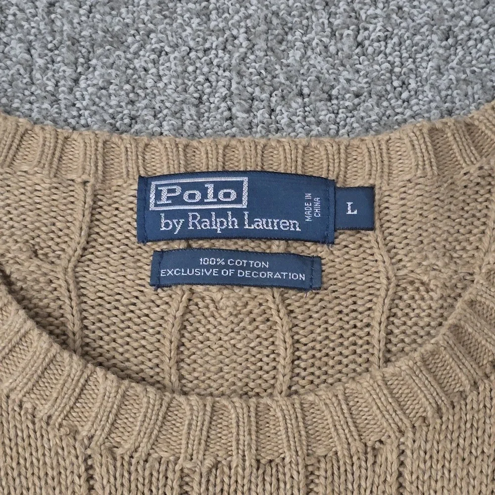 VTG Polo Ralph Lauren Mens L Cable Knit Sweater Tan 100% Cotton Crewneck Preppy